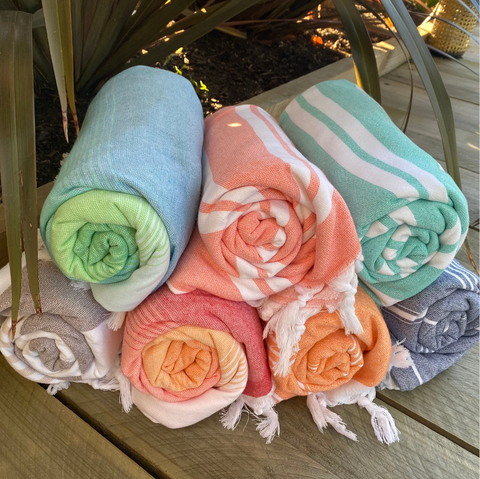 Turkish Towel with Terry Backing - Peach and white