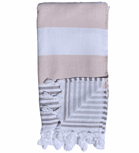 Turkish Towel with Terry Backing - Beige and white