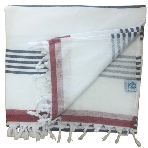 Turkish Terry Beach Towels - White Navy stripe with red